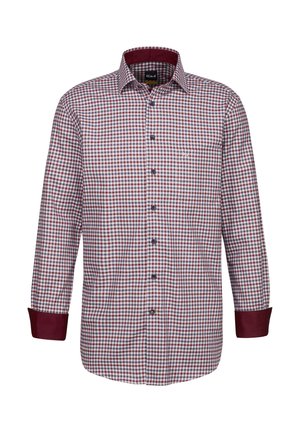Camicia a scacchi in bianco, rosso e blu. Maniche lunghe con polsini a contrasto color bordeaux. Include una tasca sul petto e un colletto button-down.