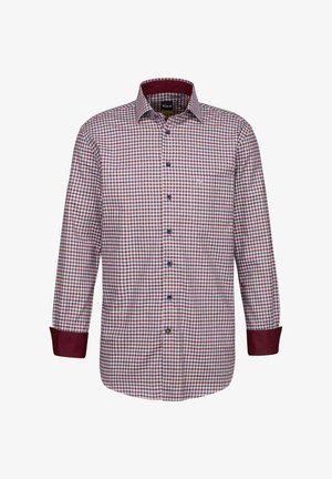 Camicia a scacchi in bianco, rosso e blu. Maniche lunghe con polsini a contrasto color bordeaux. Include una tasca sul petto e un colletto button-down.