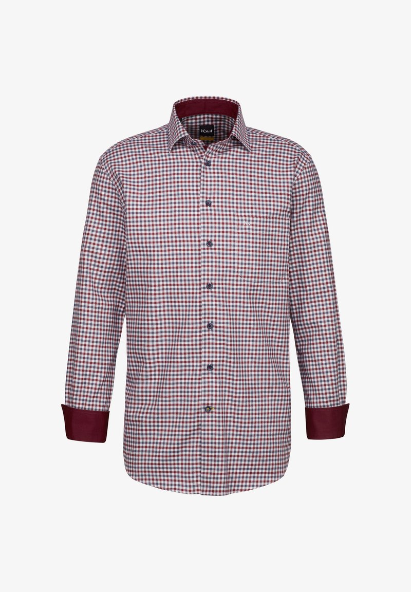 Camicia a scacchi in bianco, rosso e blu. Maniche lunghe con polsini a contrasto color bordeaux. Include una tasca sul petto e un colletto button-down.