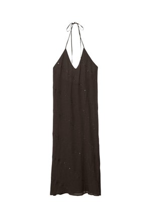 Long black halter neck dress with deep V neckline and subtle diagonal sequin embellishments throughout the fabric.