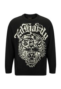 Zwarte gebreide trui met een witte tijgerafbeelding en "Ed Hardy" tekst in een gedurfde, gestileerde lettertype. Geribde manchetten en zoom. Casual pasvorm.