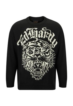 Černý pletený svetr s grafikou bílé tygřice a textem "Ed Hardy" v tučném, stylizovaném písmu. Hladké manžety a lem. Casual střih.
