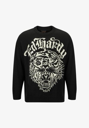 Maglione nero a maglia con una grafica di una tigre bianca e il testo "Ed Hardy" in un font audace e stilizzato. Polsini e orlo a coste. Vestibilità casual.