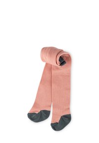 Collant rosa realizzati in tessuto morbido con accenti grigio scuro su tallone e punta. Arrotolati in modo ordinato; texture liscia senza motivi.