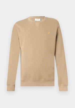 Beige lange mouwsweatshirt met ronde hals, met een klein geel vogel-logo op de linkerborst en geribbelde manchetten en zoom.