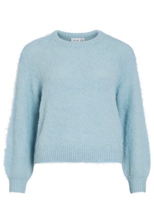 Vaaleansininen neulepaita, valmistettu pehmeästä ja pörröisestä kankaasta. Siinä on pyöreä kaula-aukko, pitkät hihat sekä resorit helmassa ja hihoissa.