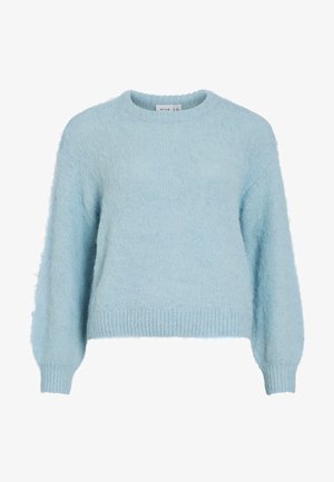 Svetlomodrý sveter z jemnej, nadýchanej látky. Má okrúhly výstrih, dlhé rukávy a rebrovaný lem a manžety.