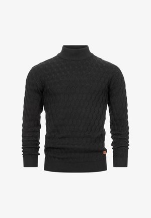 Maglione nero lavorato a maglia con colletto alto, caratterizzato da un motivo a onde testurizzato, polsini a coste e una silhouette aderente.