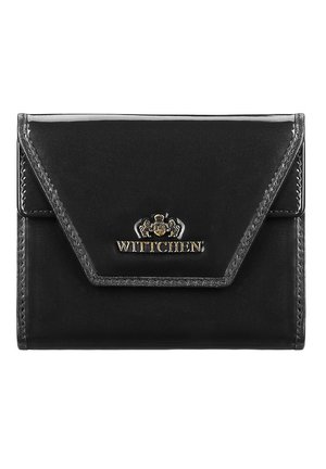 Schwarze Lederbrieftasche mit glanzendem Finish, ausgestattet mit einem Logodesign in Goldtönen und gesteppten Akzenten. Das Design umfasst eine Klappe im Umschlagstil.