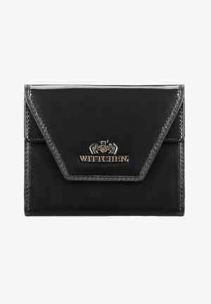 Schwarze Lederbrieftasche mit glanzendem Finish, ausgestattet mit einem Logodesign in Goldtönen und gesteppten Akzenten. Das Design umfasst eine Klappe im Umschlagstil.
