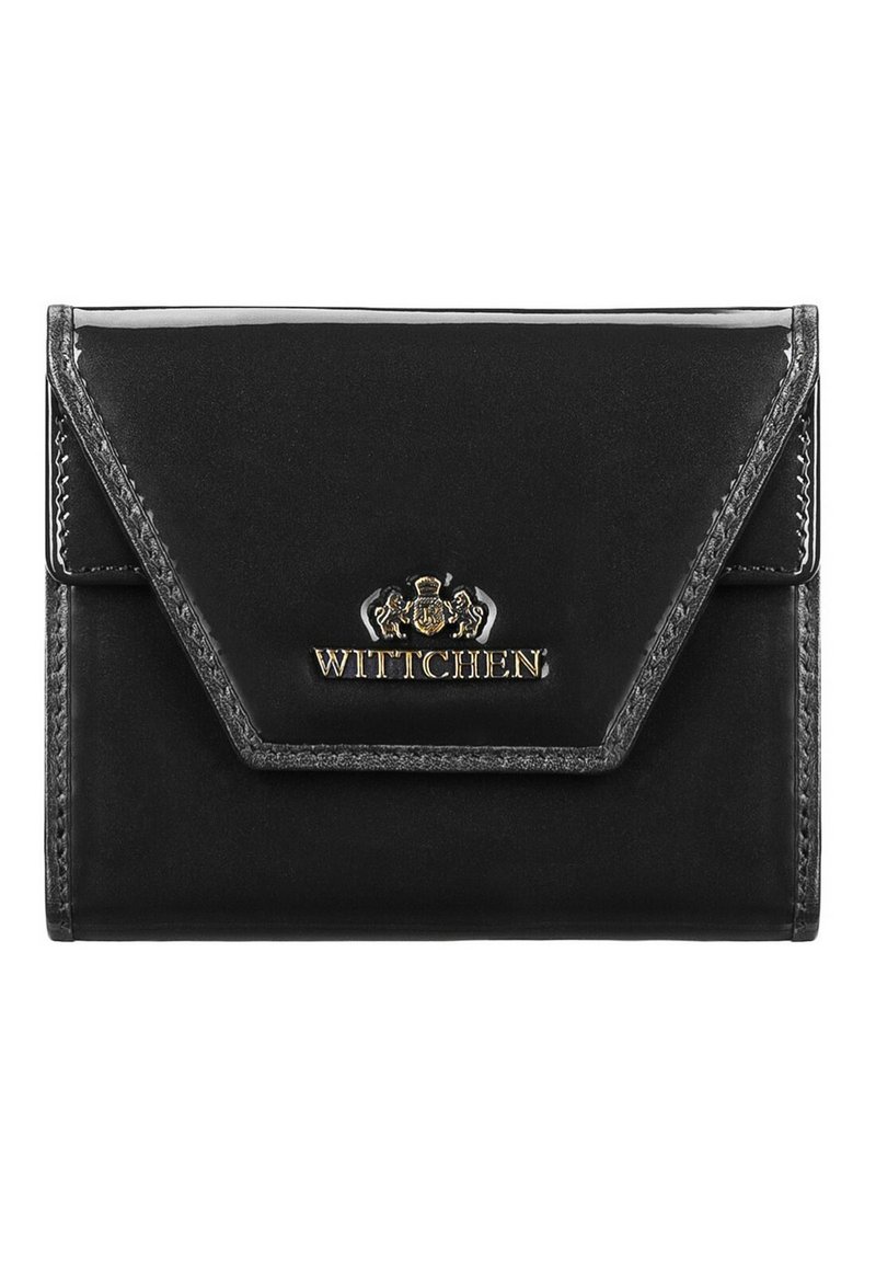 Portefeuille en cuir noir avec une finition brillante, featuring un logo doré et des accents cousus. Le design inclut un rabat de style enveloppe.