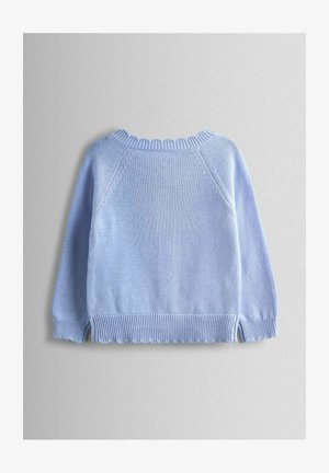 Hele sinine kootud kampsun soonikkoes kaeluse ja äärega, lühendatud lõike ning lõheroheliste äärtega. Klassikaline pulloveri stiil.