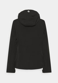 Veste noire à manches longues avec capuche, vue de dos, avec un petit logo circulaire blanc sur la capuche.