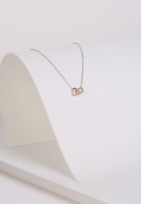 Zilveren ketting met twee verstrengelde hartvormige bedels, één zilver en één roségoud, tegen een witte achtergrond.