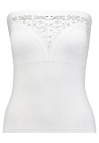 Valkoinen olkaimeton toppi, jossa on pitsivaurio yläosassa, sileä kangas ja joustava muotoilu, joka myötäilee vartalon linjoja.