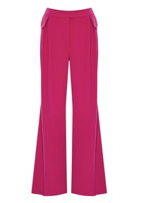 Pantalons évasés fuchsia avec une texture lisse, dotés de poches latérales et d'une taille structurée. Design ajusté avec des détails plissés.