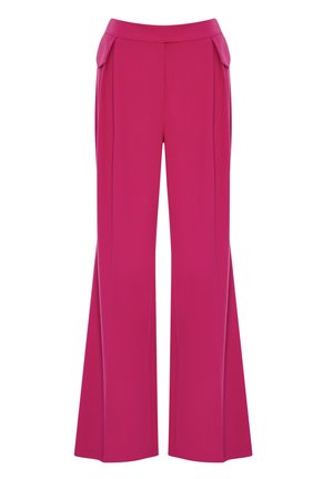 Fuchsia-gestufte Hose mit glatter Textur, ausgestattet mit seitlichen Taschen und einem strukturierten Bund. Maßgeschneiderter Schnitt mit gefältelten Details.