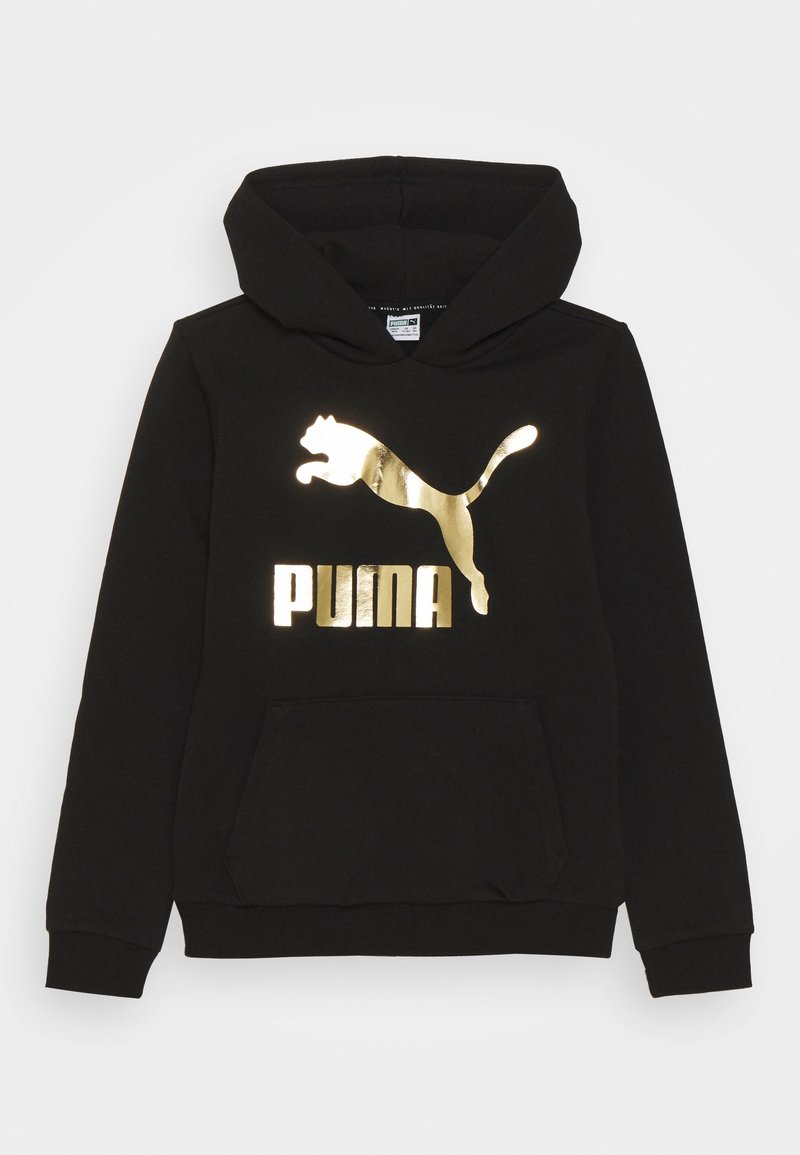 Black hoodie made from soft fabric, featuring a large gold PUMA logo and a front pocket. Smooth texture with a drawstring hood.