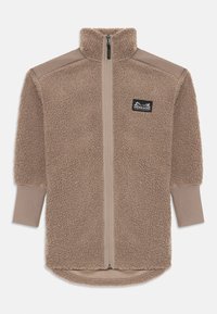 Brown full-zip fleece jacket with high collar, elastic cuffs, reinforced shoulder patches, and Didriksons logo patch on the chest.