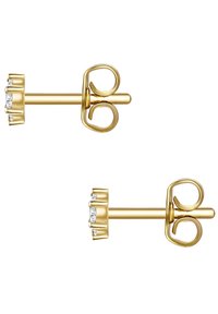 Guldklädda studörhängen med en blommig design som har tre små klara stenar och böjda detaljer. Den övergripande formen är kompakt och symmetrisk.