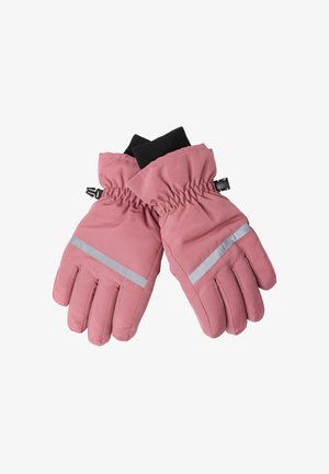 Rosa isolierte Handschuhe mit glatter Textur, elastischen Bündchen und reflektierenden Streifen über den Knöcheln. Verfügt über einen sicheren verstellbaren Verschluss.
