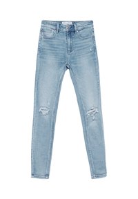 Svetlo modri skinny jeans iz denima z visokim pasom, ki vključujejo poškodovane detajle na kolenih in klasično pet-pocket zasnovo.