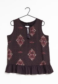 Bezramenný tmavě fialový top s texturovaným vzorem. Má volánkový lem a dekorativní zavázání s třásněmi na krku. Obsahuje květinové akcenty.