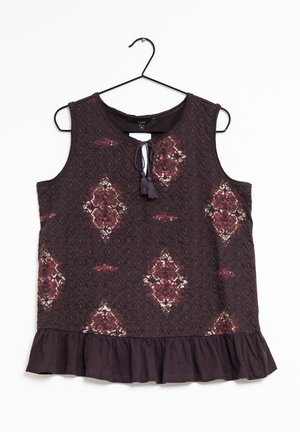 Ärmelloses dunkelviolettes Top mit einem strukturierten Muster. Verfügt über einen gerafften Saum und eine dekorative Krawatte mit Quasten am Hals. Blumenakzente sind enthalten.