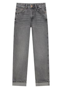 Jeans de denim gris con corte recto, cierre de botón, cinco bolsillos y costuras visibles. Dobladillo con textura suave.