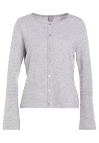 Hellgrauer, langärmeliger Cashmere-Cardigan mit sechs vorderen Knöpfen und rundem Halsausschnitt, der ein kleines Markenetikett im Kragen aufweist.