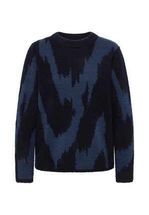 Langaarmige marineblauwe en zwarte fuzzy trui met een abstract zigzagpatroon en ronde hals.