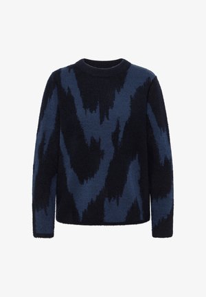 Maglione fuzzy a maniche lunghe blu navy e nero con pattern astratto a zigzag e scollatura a girocollo.