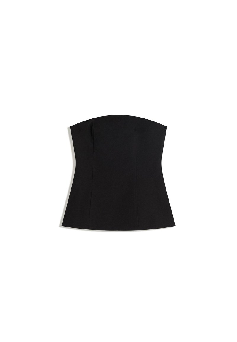 Čierny top bez ramienok s priliehavým strihom, hladkou textúrou a širokým výstrihom. Obsahuje záševky pre tvarovanie a čistý, minimalistický dizajn.