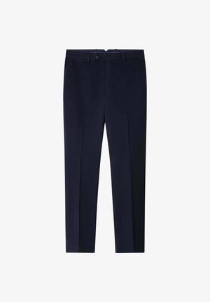 Navyblauwe op maat gemaakte broek met knoop- en ritssluiting aan de voorkant, lussen voor een riem en zijzakken, smal model en enkellang.