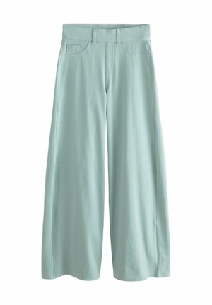 Svetlomodré široké nohavice s prednými vreckami, pútkami na opasok a stredným pásom, zobrazené na bielom pozadí.