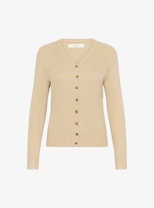 Beez ribitud kardigan pika varrukaga, V-kaelusega ja ettepoole kuue pruuni nupuga. Pehme tekstuur ja keha lähedane disain.