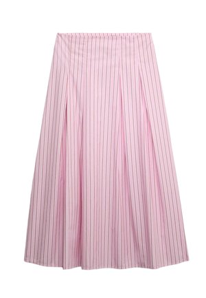 Rosa Plisseerock mit vertikalen Streifen in Hellrosa und Weiß. Glatte Textur, taillierter Bund, fließende A-Linien-Form.