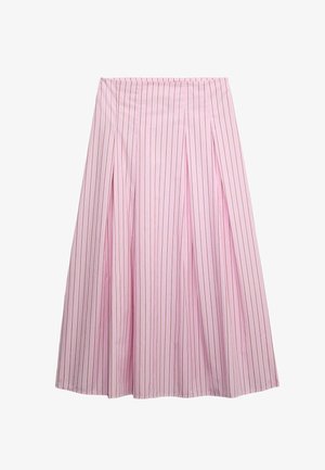 Rosa Plisseerock mit vertikalen Streifen in Hellrosa und Weiß. Glatte Textur, taillierter Bund, fließende A-Linien-Form.