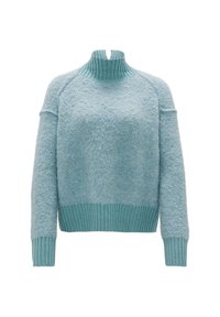 Pull bleu clair duveteux avec un col montant côtelé, des poignets et un ourlet, doté d'une petite encoche à l'avant du col.