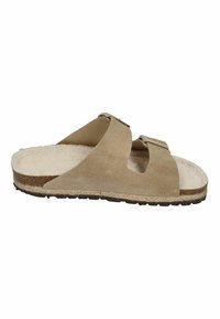 Beige suede sandal with two wide straps, beige fur lining, and a braided jute sole. The base has a textured brown rubber outsole for grip.