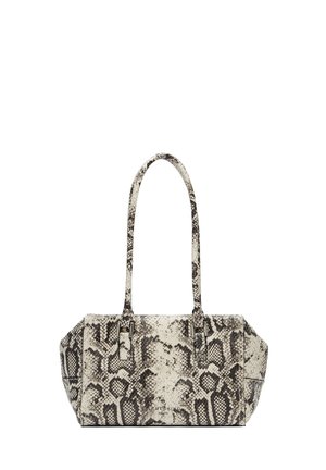 Borsa a stampa serpente in crema e nero, con due manici robusti, una forma strutturata e dettagli metallici.