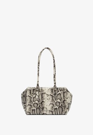 Borsa a stampa serpente in crema e nero, con due manici robusti, una forma strutturata e dettagli metallici.