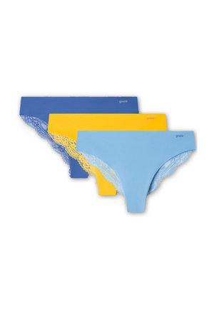 Tres pares de bragas de mujer con encaje en azul, amarillo y azul claro. Cada par presenta un cuerpo de algodón suave y delicados detalles de encaje.