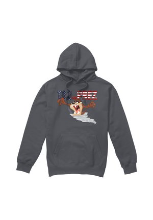 Dark gray hoodie with cartoon Tasmanian Devil swirling in a tornado and text "Taz for Prez" in U.S. flag colors across the chest.