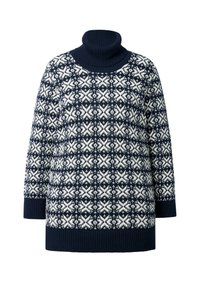 Granatowy sweter z golfem, z kontrastowym białym geometrycznym wzorem, z prążkowanymi mankietami i dołem oraz luźnym krojem.