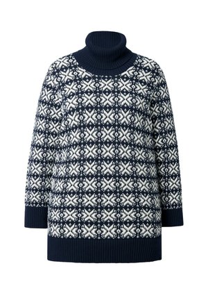 Marineblå turtleneck sweater med et kontrasterende hvidt geometrisk mønster, ribbede manchetter og kant, samt et afslappet fit design.