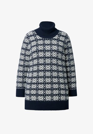 Marineblå turtleneck sweater med et kontrasterende hvidt geometrisk mønster, ribbede manchetter og kant, samt et afslappet fit design.