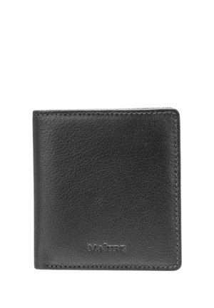 Black leather wallet with a textured finish, bi-fold design, and embossed logo. Features stitched edges and a compact rectangular shape.