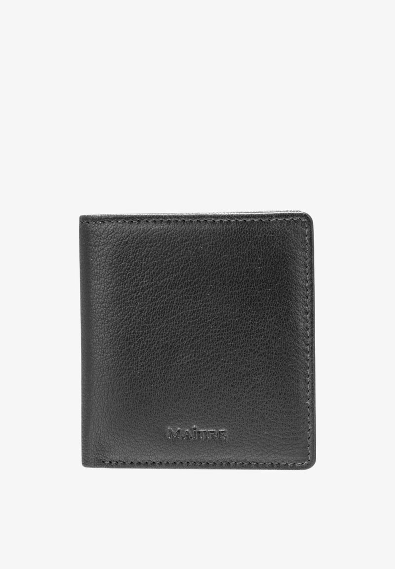 Portefeuille en cuir noir avec une finition texturée, design bi-fold et logo en relief. Présente des bords cousus et une forme rectangulaire compacte.