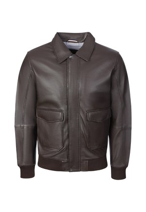 Braune Leder-Bomberjacke mit vorderen Klappentaschen, gerippten Bündchen und Saum sowie spitzem Kragen.